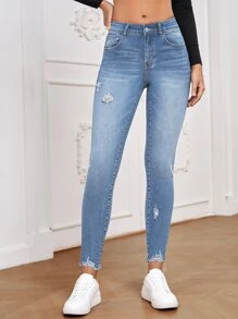 SHEIN Essnce Quần jean nữ Nút Túi Hem thô Bị tách Dây kéo màu trơn - Rửa nhẹ - Xem 4