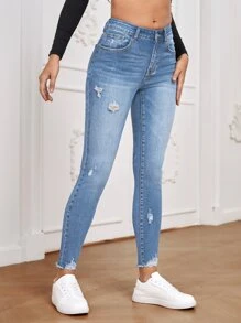 SHEIN Essnce Quần jean nữ Nút Túi Hem thô Bị tách Dây kéo màu trơn - Rửa nhẹ - Xem 6