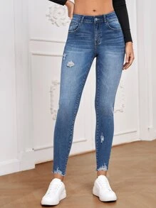 SHEIN Essnce 高腰破洞毛邊緊身牛仔褲 - 中等水洗藍 - 查看 4