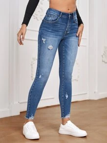 SHEIN Essnce 高腰破洞毛邊緊身牛仔褲 - 中等水洗藍 - 查看 6