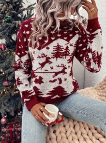 聖誕圖案高領落肩袖套頭毛衣 - 紅白色 - 查看 1