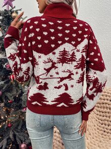 聖誕圖案高領落肩袖套頭毛衣 - 紅白色 - 查看 2