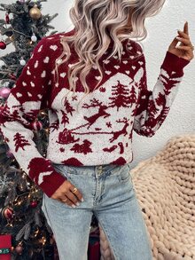 聖誕圖案高領落肩袖套頭毛衣 - 紅白色 - 查看 3