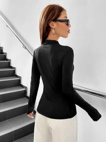 SHEIN Coolane Cazadora con cremallera ribete en contraste - Negro - Ver 2