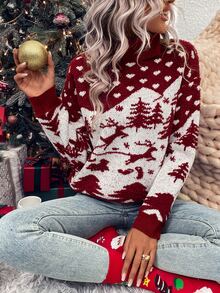 聖誕圖案高領落肩袖套頭毛衣 - 紅白色 - 查看 5