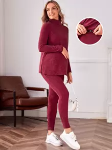 SHEIN Conjunto de top de punto acanalado de cuello alto con aberturas laterales y leggings con cintura ajustable para maternidad, para invierno - Burdeos - Ver 1