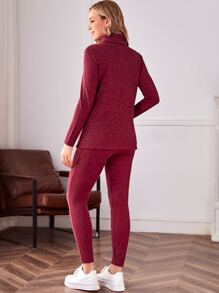 SHEIN Conjunto de top de punto acanalado de cuello alto con aberturas laterales y leggings con cintura ajustable para maternidad, para invierno - Burdeos - Ver 2