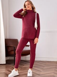 SHEIN Conjunto de top de punto acanalado de cuello alto con aberturas laterales y leggings con cintura ajustable para maternidad, para invierno - Burdeos - Ver 3