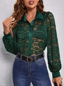 SHEIN Privé Lantern Sleeve Lace Shirt Without Bra