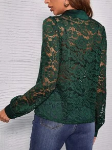 SHEIN Privé Lantern Sleeve Lace Shirt Without Bra