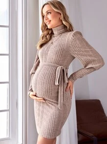 SHEIN 孕婦高領羊腿袖繫腰帶連衣裙 - 淺粉色 - 查看 1