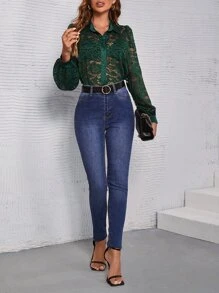 SHEIN Privé Lantern Sleeve Lace Shirt Without Bra