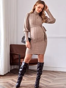 SHEIN 孕婦高領羊腿袖繫腰帶連衣裙 - 淺粉色 - 查看 3