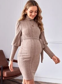 SHEIN 孕婦高領羊腿袖繫腰帶連衣裙 - 淺粉色 - 查看 4