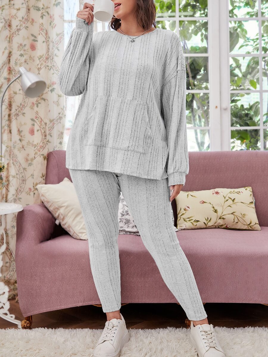 SHEIN LUNE Plus Striped Drop Shoulder Split Hem Sweatshirt & Leggings - Light Grey - View 1