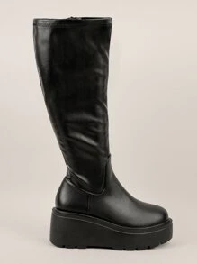 SHUZIA Faux Leather Elevated Sole Knee High Boots - Black - View 3