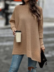 SHEIN LUNE Turtleneck Batwing Sleeve Poncho - Khaki - View 5