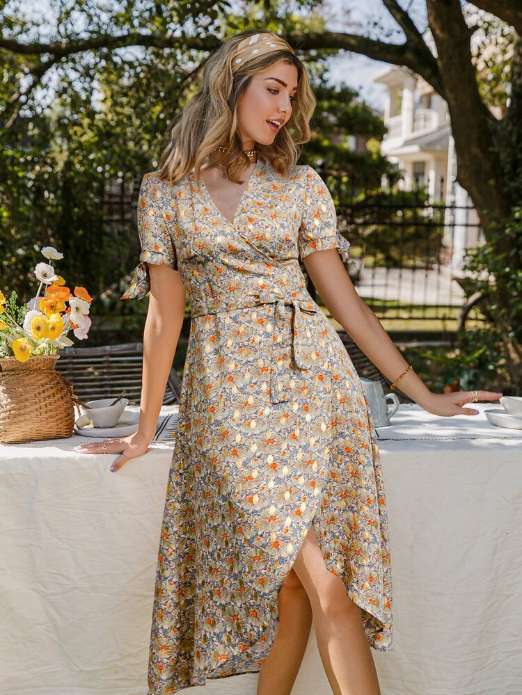 shein wrap dress CURVE+ Plus Solid Belted Stretch Women Plus Clothing SHEIN Priv Allover Print Knot