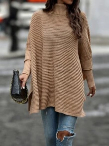 SHEIN LUNE Turtleneck Batwing Sleeve Poncho - Khaki - View 7