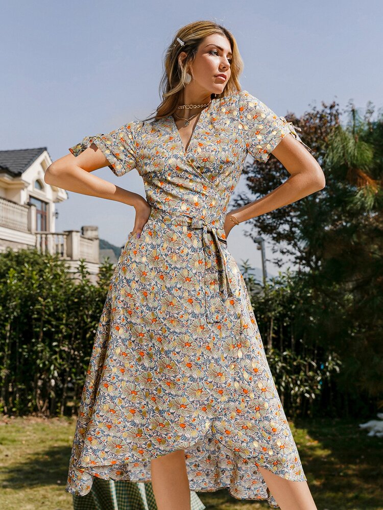 wrap dress shein Modely Floral Print V-Neck Wrap-Around Tie-Front Elegant Long Sl | Stretch Summer Women Clothing Women's Summer Wrap Dress Casual