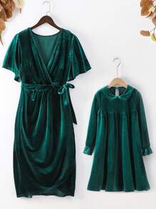 SHEIN Clasi Plus Butterfly Sleeve Knot Side Wrap Dress - Dark Green - View 6