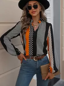 EMERY ROSE Polka Dot Notched Neckline Blouse,Long Sleeve Tops Fall Cloth For Women