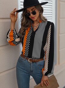 EMERY ROSE Polka Dot Notched Neckline Blouse,Long Sleeve Tops Fall Cloth For Women