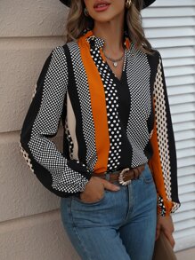 EMERY ROSE Polka Dot Notched Neckline Blouse,Long Sleeve Tops Fall Cloth For Women