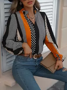 EMERY ROSE Polka Dot Notched Neckline Blouse,Long Sleeve Tops Fall Cloth For Women