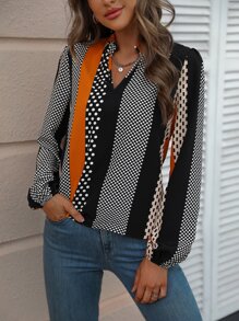EMERY ROSE Polka Dot Notched Neckline Blouse,Long Sleeve Tops Fall Cloth For Women