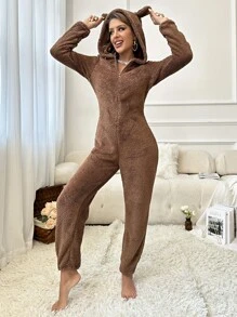 Pijama con capucha con cremallera y diseño de orejas 3D en los hombros caídos de franela
