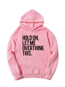 SHEIN EZwear Slogan Graphic Kangaroo Pocket Hoodie - Baby Pink - View 1