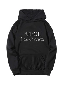 SHEIN LUNE Slogan Graphic Thermal Lined Drawstring Hoodie - Black - View 1