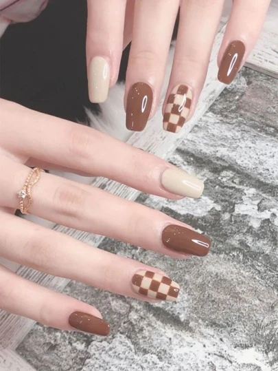 Instantly Upgrade Your Look With 24pcs Medium Coffin Brown Khaki Checkerboard Color Block Fake Nail & 1pc Nail File & 1sheet Tape Press On Nails Nail Supplies