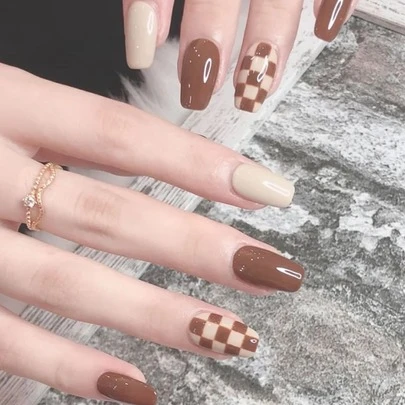 Instantly Upgrade Your Look With 24pcs Medium Coffin Brown Khaki Checkerboard Color Block Fake Nail & 1pc Nail File & 1sheet Tape Press On Nails Nail Supplies