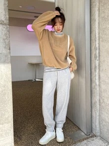 DAZY Letter Embroidery Drop Shoulder Teddy Sweatshirt - Khaki - View 9