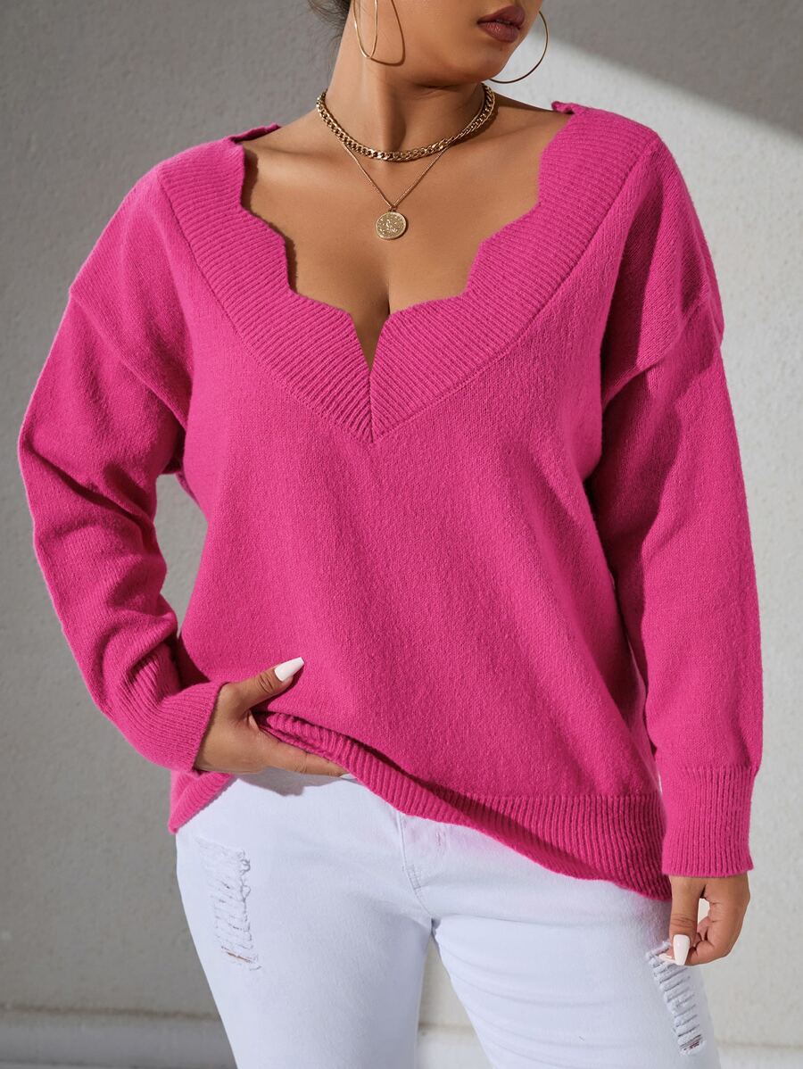SHEIN Unity Plus Scallop Trim Drop Shoulder Jumper - Hot Pink - View 1