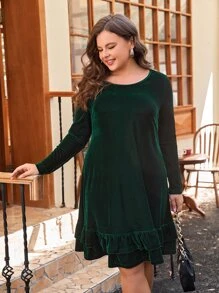 SHEIN Clasi Vestido con fruncido a capas bajo de terciopelo - Verde Oscuro - Ver 1
