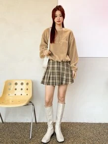 DAZY Letter Embroidery Drop Shoulder Teddy Sweatshirt - Khaki - View 11