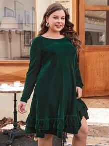 SHEIN Clasi Vestido con fruncido a capas bajo de terciopelo - Verde Oscuro - Ver 4