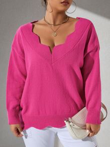 SHEIN Unity Plus Scallop Trim Drop Shoulder Jumper - Hot Pink - View 4
