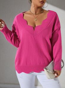 SHEIN Unity Plus Scallop Trim Drop Shoulder Jumper - Hot Pink - View 5