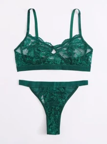 Floral Lace Thong Lingerie Set - Dark Green - View 3