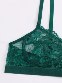 Floral Lace Thong Lingerie Set - Dark Green - View 4