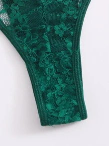 Floral Lace Thong Lingerie Set - Dark Green - View 5