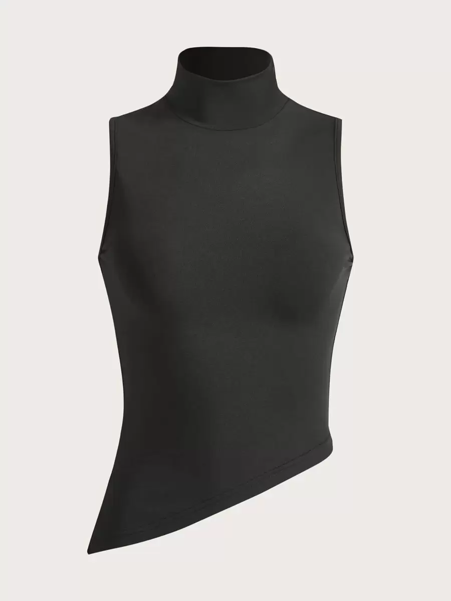 SHEIN ICON Solid Stand Collar Tank Top Asymmetrical Top - Black - View 1