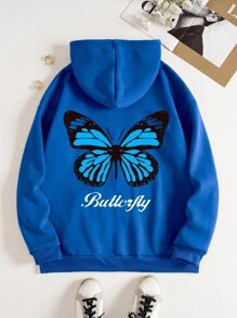 SHEIN EZwear Áo Zip Up Hoodie Chữ & Bướm In Lót nhiệt - Xanh đậm - Xem 1