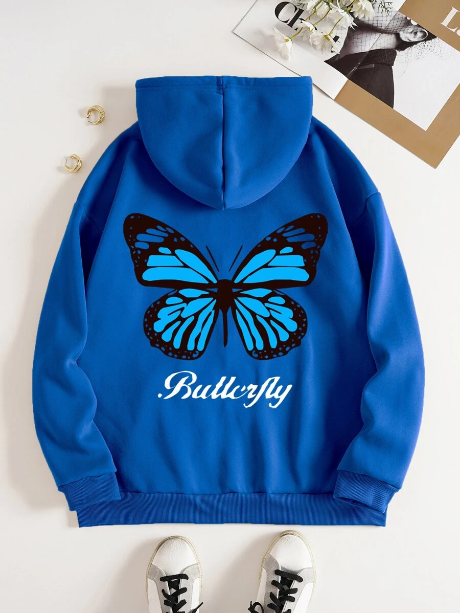 SHEIN EZwear Áo Zip Up Hoodie Chữ & Bướm In Lót nhiệt - Xanh đậm - Xem 1