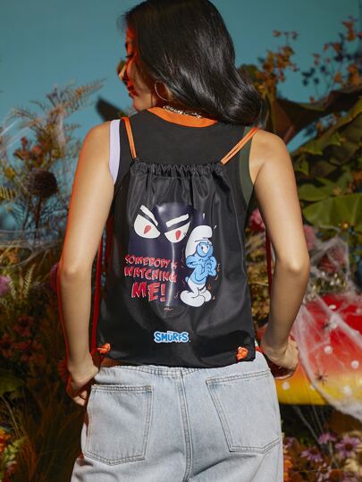 ROMWE X The Smurfs Slogan & Cartoon Graphic Drawstring Backpack