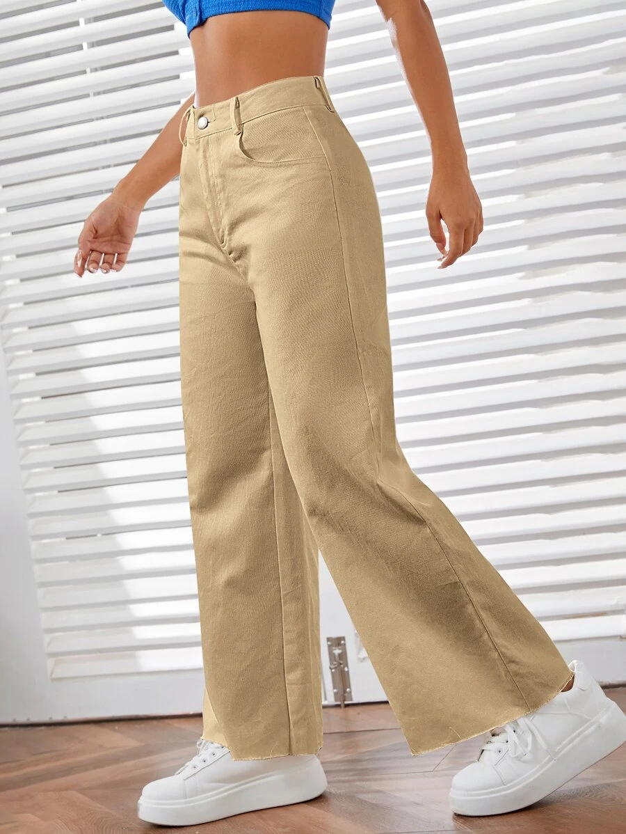 SHEIN EZwear 素色拉鏈門襟闊腿褲 - 卡其色 - 查看 1